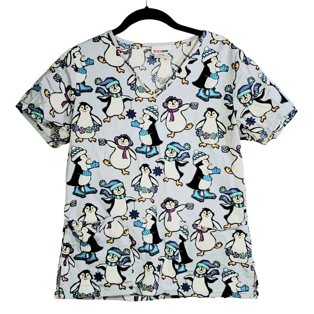 Scrubstar Top Size XS Womens Penguin Print Short Sleeve V Neck Scrub‎ Christmas